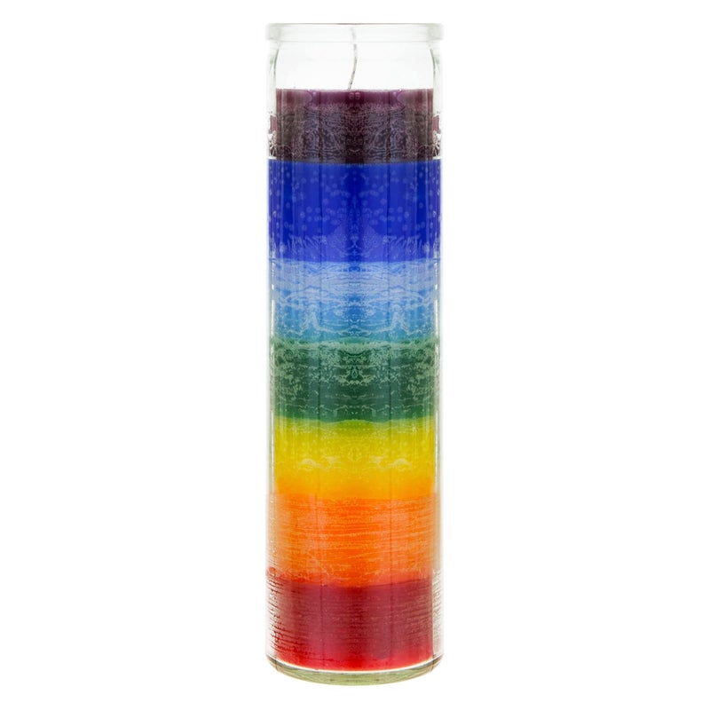 Mega Candles 1 pc Unscented Multi Color Chakra Glass Devotional Prayer Candles, Hand Poured Premium Wax Candle 2 Inch x 8 Inch, Promotes Positive Energy, Aids Meditation, Relaxation, Spiritual - Image 1
